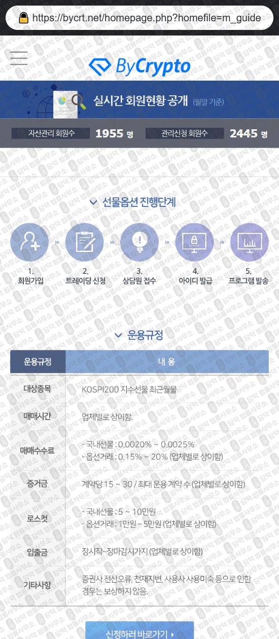 이 사진은 담덕법률사무소에서 캡쳐해둔 바이크립토(ByCrypto) 웹사이트 캡쳐 사진이며 URL은 bycrt.net 입니다.