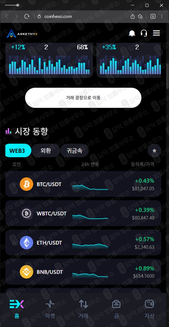 이 사진은 담덕법률사무소에서 캡쳐해둔 코인헥소(COINHEXO) 웹사이트 캡쳐 사진이며 URL은 coinhexo.com 입니다.