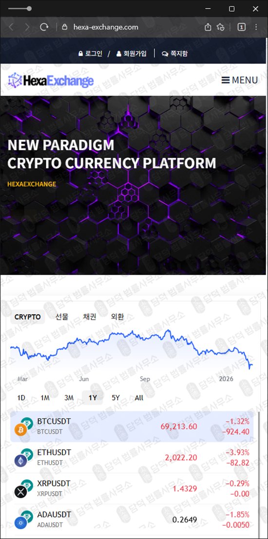 이 사진은 담덕법률사무소에서 캡쳐해둔 헥사(Hexa Exchange) 웹사이트 캡쳐 사진이며 URL은 hexa-exchange.com 입니다.