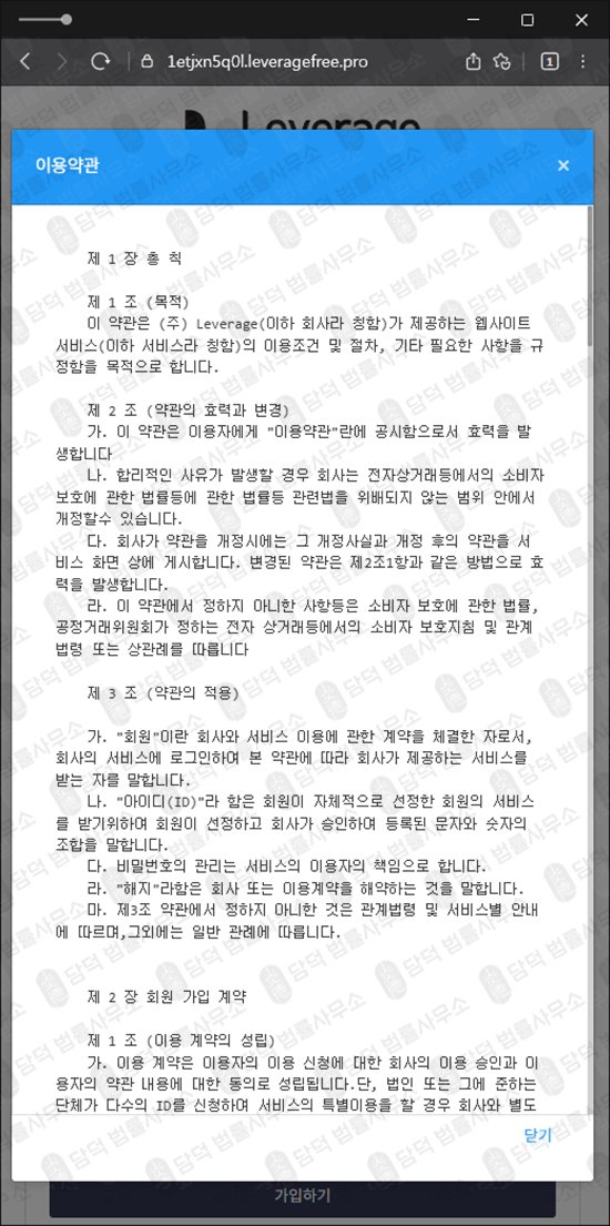 이 사진은 담덕법률사무소에서 캡쳐해둔 레버리지(Leverage) 웹사이트 캡쳐 사진이며 URL은 leveragefree.pro 입니다.