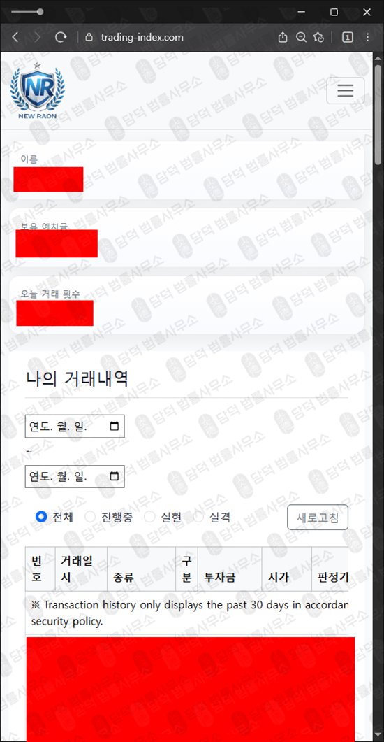 이 사진은 담덕법률사무소에서 캡쳐해둔 뉴라온트레이트(New Raon) 웹사이트 캡쳐 사진이며 URL은 trading-index.com 입니다.