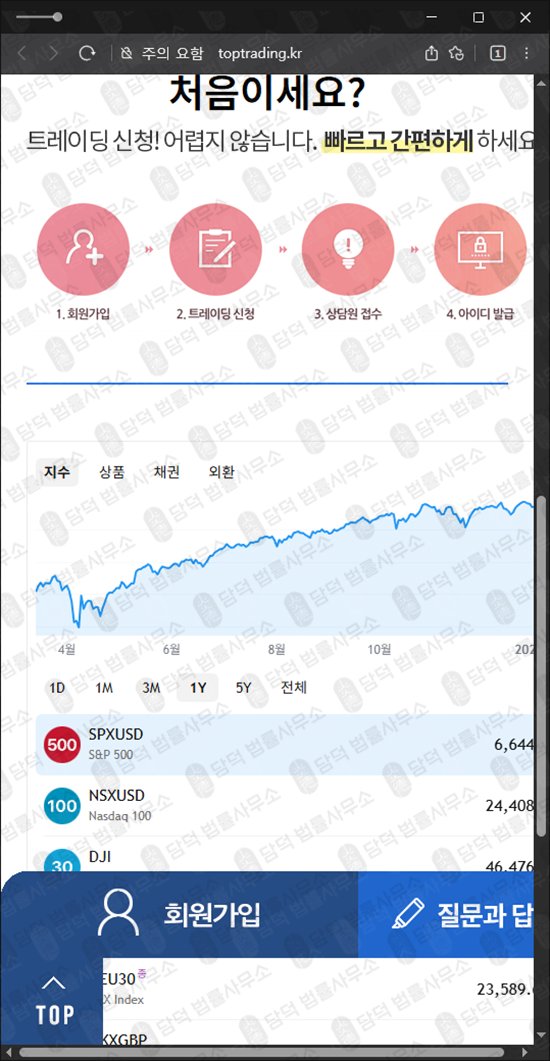 이 사진은 담덕법률사무소에서 캡쳐해둔 탑트레이딩(URL) 웹사이트 캡쳐 사진이며 URL은 toptrading.kr 입니다.