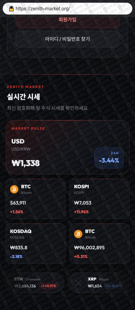 이 사진은 담덕법률사무소에서 캡쳐해둔 지갑(ZENITH MARKET) 웹사이트 캡쳐 사진이며 URL은 zenith-market.org 입니다.