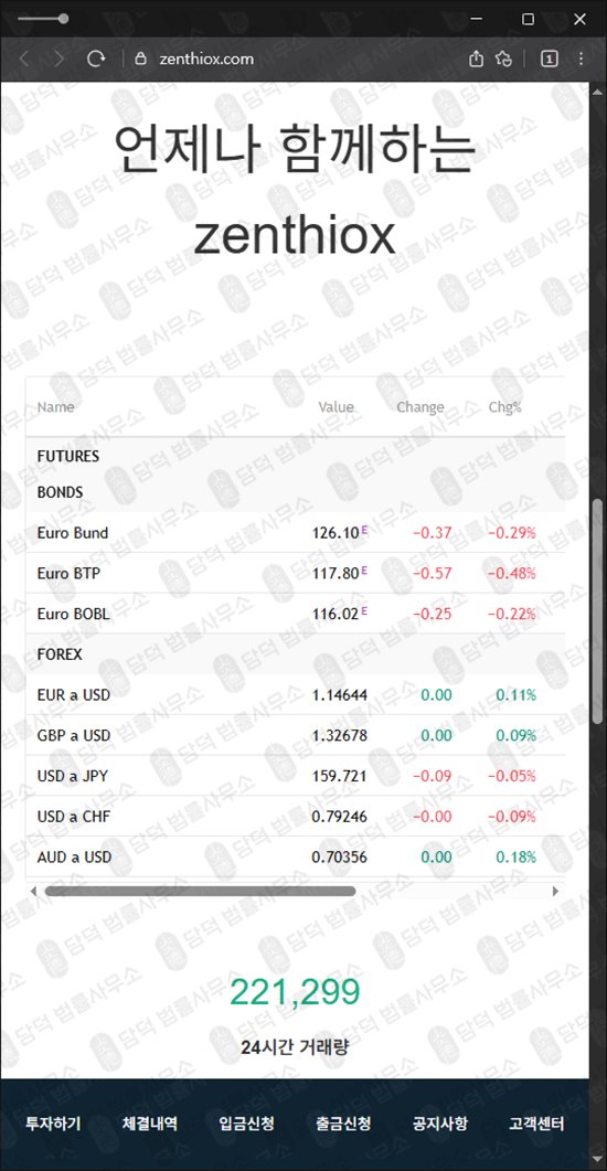 이 사진은 담덕법률사무소에서 캡쳐해둔 제니스(Zenthiox) 웹사이트 캡쳐 사진이며 URL은 zenthiox.com 입니다.